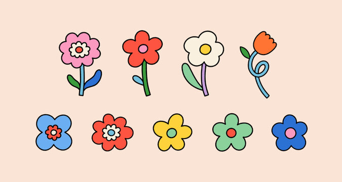 Vector set of flower retro groovy illustration. Hippie style floral element