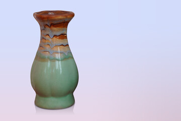 beautiful green and brown ceramic vase on violet background, object, retro, vintage, decor, copy space