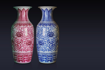  beautiful large blue and white, red and blue ceramic vases on black and blue background, object, decor, retro, gift, fashion, copy space