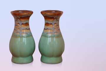 two green and brown ceramic vase on purple background, object, retro, vintage, decor, banner, copy space