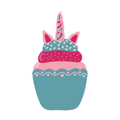 Cute unicorn cupcake on a white background. Unicake it s funny wordplay Unicorn and Cake. It can be used for sticker, patch, phone case, poster, t-shirt, mug and other design.