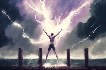 A man with his arms outstretched and his chest outstretched rejoices before the storm