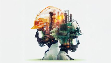 Future Gas mask of Oil refinery plant and Gas Industry construction engineering the devotion project with double exposure civil engineering design. Future modern construction projects. Generative AI