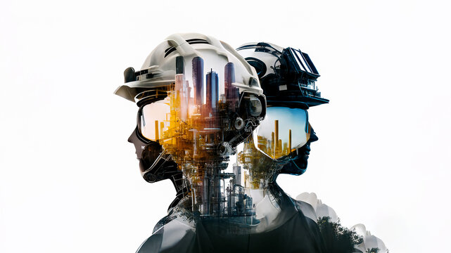 Double exposure image with Future people and environment. Generative AI