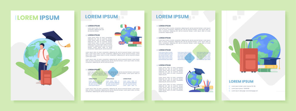 Travelling student flat vector brochure template. Learn languages booklet, leaflet printable flat color designs. Editable magazine page, reports kit with text space. Poppins, Quicksand fonts used
