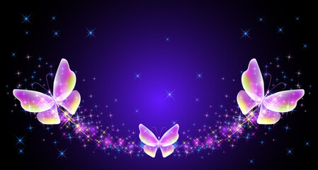 Flying delightful butterflies with sparkle and blazing trail flying in night sky among shiny glowing stars in cosmic space. Animal protection day concept.