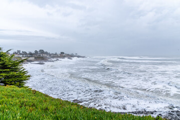 Santa Cruz County, CA,USA on January 05, 2023. Bomb cyclones cause severe storm, severe flood damage; storm kills 2. Pier is down and evacuated to the coast of Capitola Wharf and Sea Cliff Pier.
