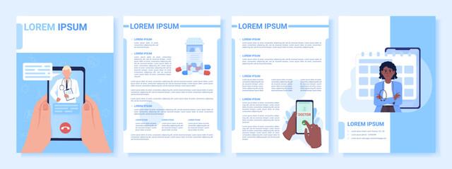 Clinical services online flat vector brochure template. Booklet, leaflet printable flat color designs. Editable magazine page, reports kit with text space. Roboto Myriad Pro fonts used