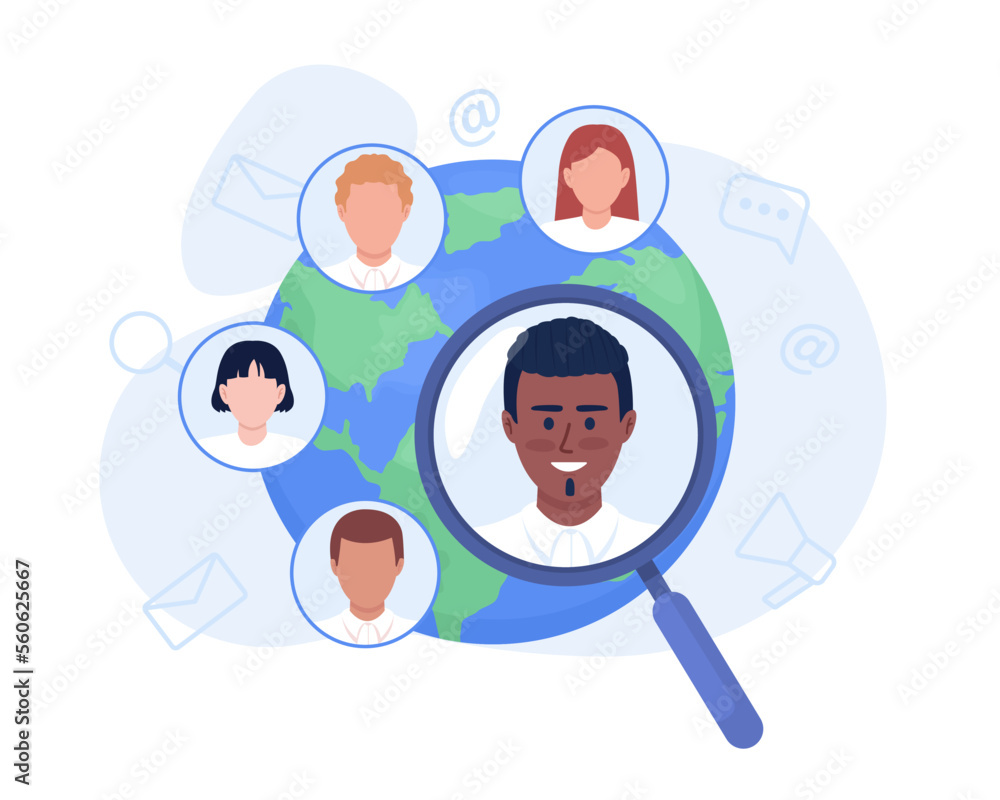 Poster multiplying glass with map flat concept vector illustration. editable 2d cartoon characters on white