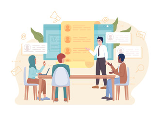 Candidate discussion flat concept vector illustration. Coworkers meeting. Editable 2D cartoon characters on white for web design. HR department creative idea for website, mobile, presentation