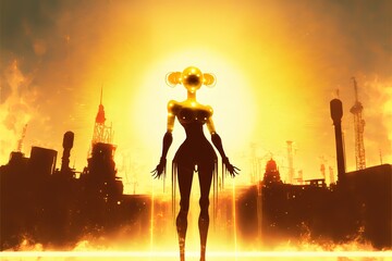 Silhouette of a robo girl on a bright golden shining background