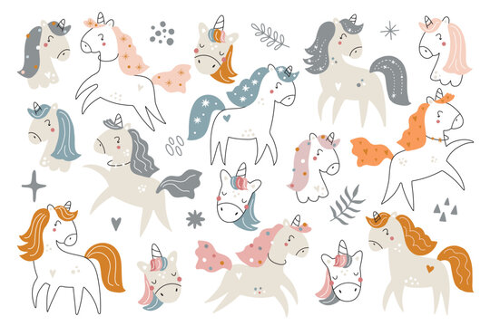 Set of illustrations of unicorns. Cute horses in different poses. Pony with magical design elements for kids.
