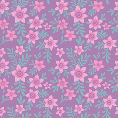 Simple vintage pattern. Cute pink flowers on a purple background. Fashionable print for textiles and wallpaper.