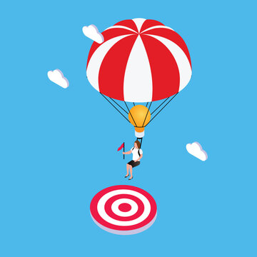 Businesswoman with parachute landing on the target isometric 3d vector illustration concept for banner, website, illustration, landing page, flyer, etc.