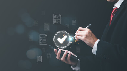 businessman showing check mark icon, steps review concept,Go through documents with checkbox lists, rules of conduct and policies,Company Articles of Association Terms and Conditions