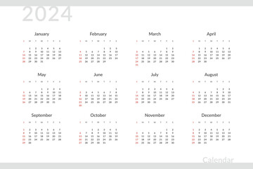 2024 Annual Calendar template. Vector layout of a wall or desk simple calendar with week start monday.