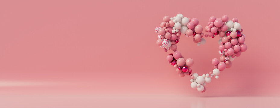 Multicolored Balloon Love Heart. Pink, White and Metallic Balloons arranged in a heart shape. 3D Render with copy-space. 