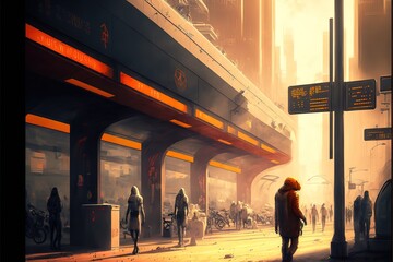 futuristic urban street with walking people