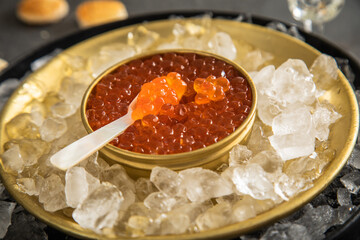 Orange Keta Lachs Kaviar in Dose auf Eis in Glas Schale mit Perlmutt Löffel, Sekt Champagner und...