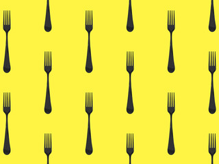 pattern. Fork top view on yellow background. Template for applying to surface. Horizontal image. Flat lay. 3D image. 3D rendering.