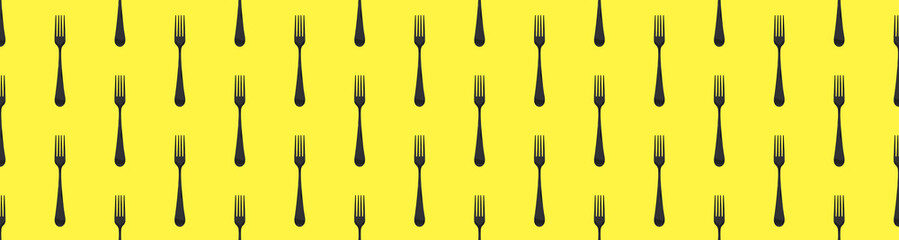 pattern. Fork top view on yellow background. Template for applying to surface. Horizontal image. Flat lay. Banner for insertion into site. 3D image. 3D rendering.