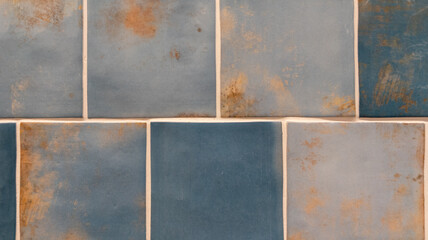 old and worn tiling tile wall background with traces of oxidation blue grey
