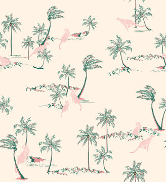 Leopard With Palm Tree Hand draw illustration Vector  Seamless Pattern On White Background Wallpaper 