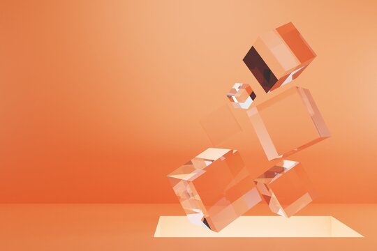 3D Rendering, A Block Of Glass Box Coming Out Of A Hole Full Of Light