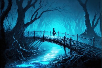 A boy on a bridge in a magical blue forest,a fabulous fantasy illustration