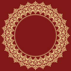Oriental vector round frame with arabesques and floral elements. Floral round red and golden border with vintage pattern