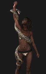 Fototapeta na wymiar 3d Illustration of Beautiful Young Woman with Royal Python Snake on Black Background. Exotic tropical cold-blooded reptile animal, Python regius species snake.