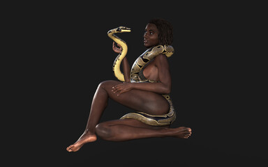 3d Illustration of Beautiful Young Woman with Royal Python Snake on Black Background. Exotic tropical cold-blooded reptile animal, Python regius species snake.