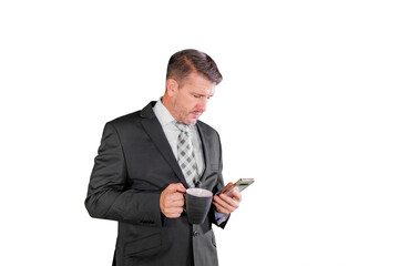 businessman using smartphone and holding cup of coffee isolated on a white background