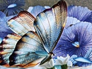 Shell on blue background. Beautiful illustration of Blue Orchids and Butterfly.