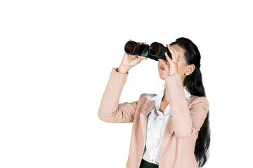 Businesswoman looking up with binocular isolated on white