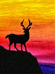 Deer in the sunset. Beautiful illustration of Black Stag with Colorful Background. black deer isolated on a mountain.