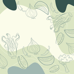 food frame, border. vegetable icon. illustration of tomatoes, cabbage, onions, chilies, broccoli. hand drawn vector. doodle art for wallpapers, greeting