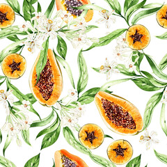 Papaya fruit and leaves  seamless patterns on white background, watercolor illustration