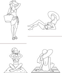 set of vector sketch illustrations of women sunbathing on the beach
