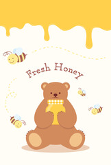 vector background with a set of honey, bear and bees for banners, cards, flyers, social media wallpapers, etc.