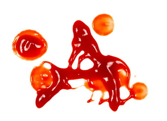 Blood effect, ketchup splashes in shape letter A, stains isolated on white background, tomato pure...