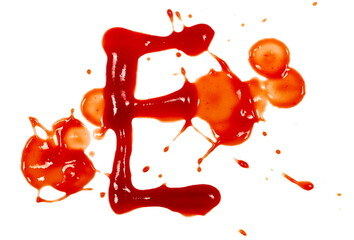 Blood effect, ketchup splashes in shape letter E, stains isolated on white background, tomato pure...