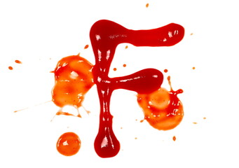 Blood effect, ketchup splashes in shape letter F, stains isolated on white background, tomato pure...