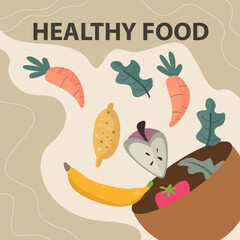 Bowl with delicious vegan salad with carrots, bananas, oranges, strawberries. vector top view illustration in card style. Healthy diet, vegetarian food. Healthy food