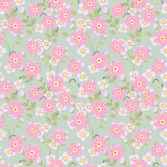 A pattern with pink small light pink flowers with green leaves on a light green background.