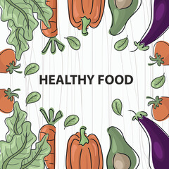 Healthy vegetarian food. Frame. Watercolor background with fruits and Vegetables. Isolated elements for easy use.