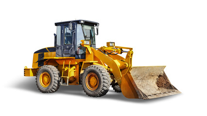 Obraz na płótnie Canvas Large wheeled front loader or bulldozer on a white isolated background. construction machinery. Element for design. Transportation and movement of bulk materials. Excavation.