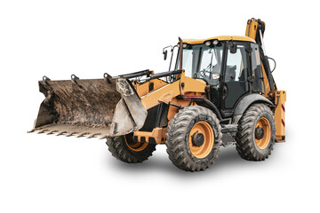 Heavy front loader or bulldozer on a white isolated background. construction machinery. Multifunctional excavator. Transportation and movement of bulk materials. Large bucket. - obrazy, fototapety, plakaty