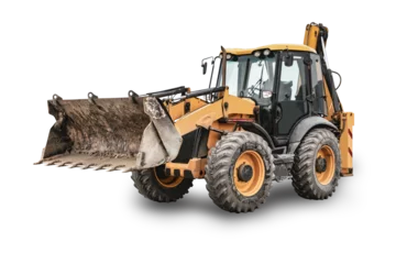 Wandaufkleber Heavy front loader or bulldozer on a white isolated background. construction machinery. Multifunctional excavator. Transportation and movement of bulk materials. Large bucket. © Anoo