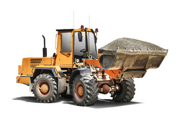 Heavy front loader or bulldozer on a white isolated background transports gravel in a bucket....
